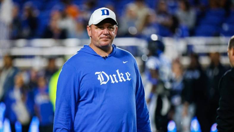 Oct 14, 2023; Durham, North Carolina, USA; Duke Blue Devils head coach Mike Elko before the first half of the game against North Carolina State Wolfpack at Wallace Wade Stadium. Mandatory Credit: Jaylynn Nash-USA TODAY Sports