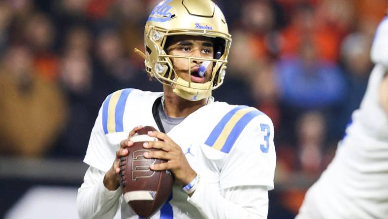 UCLA Bruins quarterback Dante Moore (3) prepares to throw a pass during the second half of the game against the Oregon State Beavers on Saturday, Oct. 14, 2023 at Reser Stadium in Corvallis, Ore.