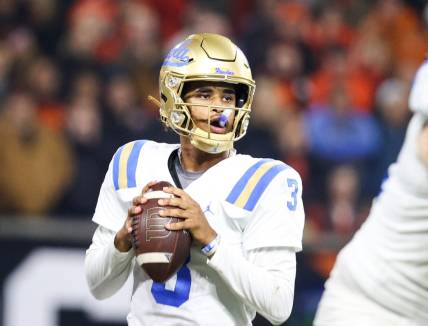 UCLA Bruins quarterback Dante Moore (3) prepares to throw a pass during the second half of the game against the Oregon State Beavers on Saturday, Oct. 14, 2023 at Reser Stadium in Corvallis, Ore.