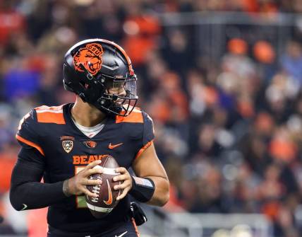 Oregon State Beavers quarterback DJ Uiagalelei (5) prepares to throw a pass during the second half of the game against the UCLA Bruins on Saturday, Oct. 14, 2023 at Reser Stadium in Corvallis, Ore.