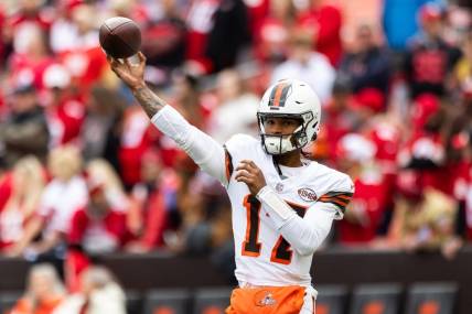 Oct 15, 2023; Cleveland, Ohio, USA; Cleveland Browns quarterback Dorian Thompson-Robinson (17) throws the ball during warm ups before the game against the San Francisco 49ers at Cleveland Browns Stadium. Mandatory Credit: Scott Galvin-USA TODAY Sports
