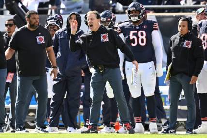 Oct 15, 2023; Chicago, Illinois, USA;  Chicago Bears head coach Matt Eberflus shouts instructions to his team during the first half against the Minnesota Vikings at Soldier Field. Mandatory Credit: Jamie Sabau-USA TODAY Sports