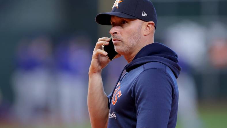 Oct 16, 2023; Houston, Texas, USA; Houston Astros bench coach Joe Espada (19) looks on before game two against the Texas Rangers in the ALCS for the 2023 MLB playoffs at Minute Maid Park. Mandatory Credit: Erik Williams-USA TODAY Sports