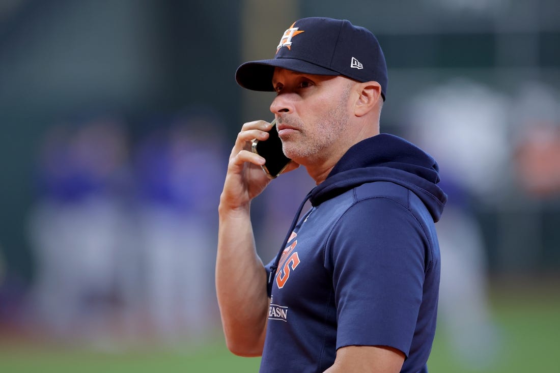 Oct 16, 2023; Houston, Texas, USA; Houston Astros bench coach Joe Espada (19) looks on before game two against the Texas Rangers in the ALCS for the 2023 MLB playoffs at Minute Maid Park. Mandatory Credit: Erik Williams-USA TODAY Sports