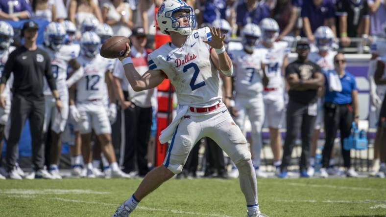 Sep 23, 2023; Fort Worth, Texas, USA; SMU Mustangs quarterback Preston Stone (2) in action during the game between the TCU Horned Frogs and the SMU Mustangs at Amon G. Carter Stadium. Mandatory Credit: Jerome Miron-USA TODAY Sports