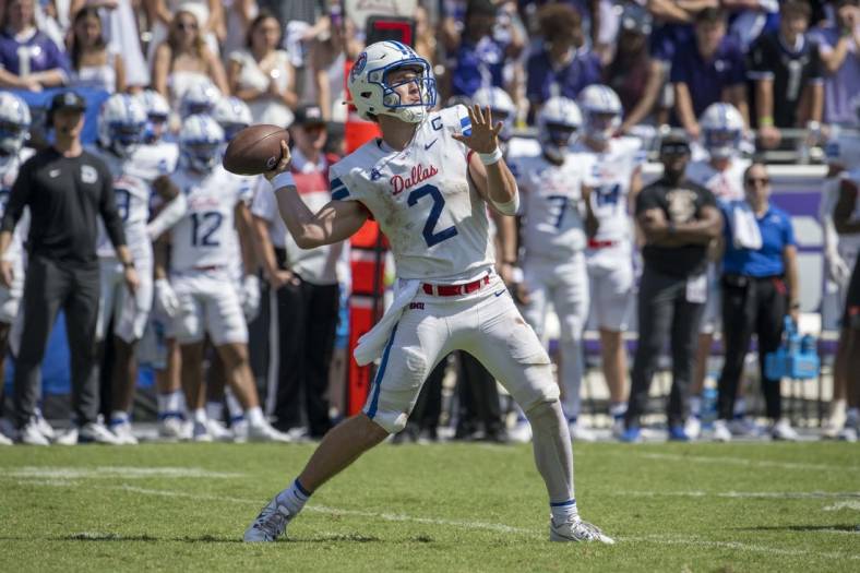 Sep 23, 2023; Fort Worth, Texas, USA; SMU Mustangs quarterback Preston Stone (2) in action during the game between the TCU Horned Frogs and the SMU Mustangs at Amon G. Carter Stadium. Mandatory Credit: Jerome Miron-USA TODAY Sports