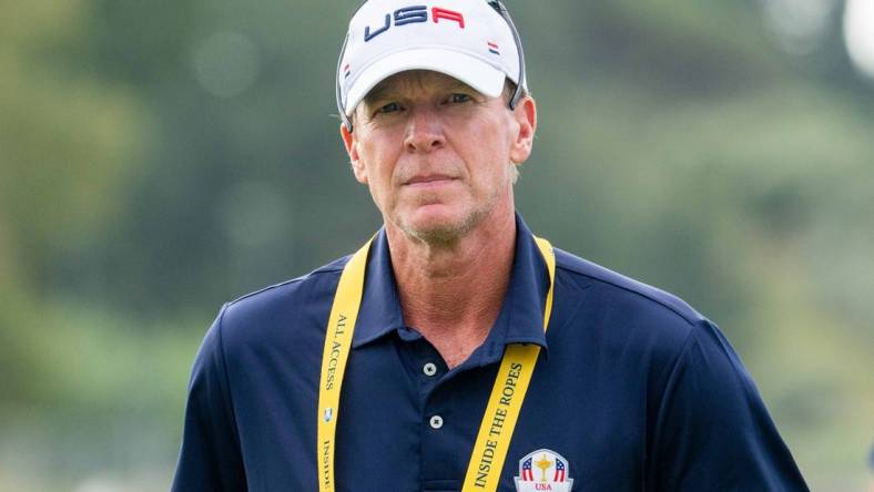 September 25, 2023; Rome, ITALY; Team USA vice-captain Steve Stricker on the driving range prior to the start of the Ryder Cup golf competition at Marco Simone Golf and Country Club. Mandatory Credit: Kyle Terada-USA TODAY Sports