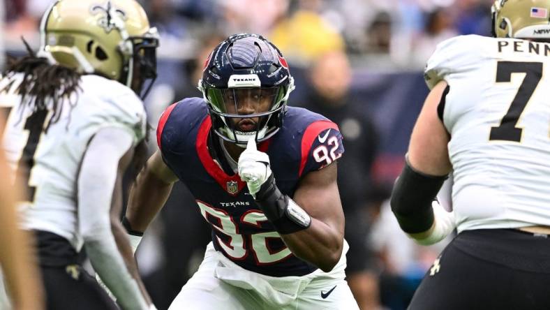 Oct 15, 2023; Houston, Texas, USA; Houston Texans defensive end Dylan Horton (92) in action during the first quarter against the New Orleans Saints at NRG Stadium. Mandatory Credit: Maria Lysaker-USA TODAY Sports