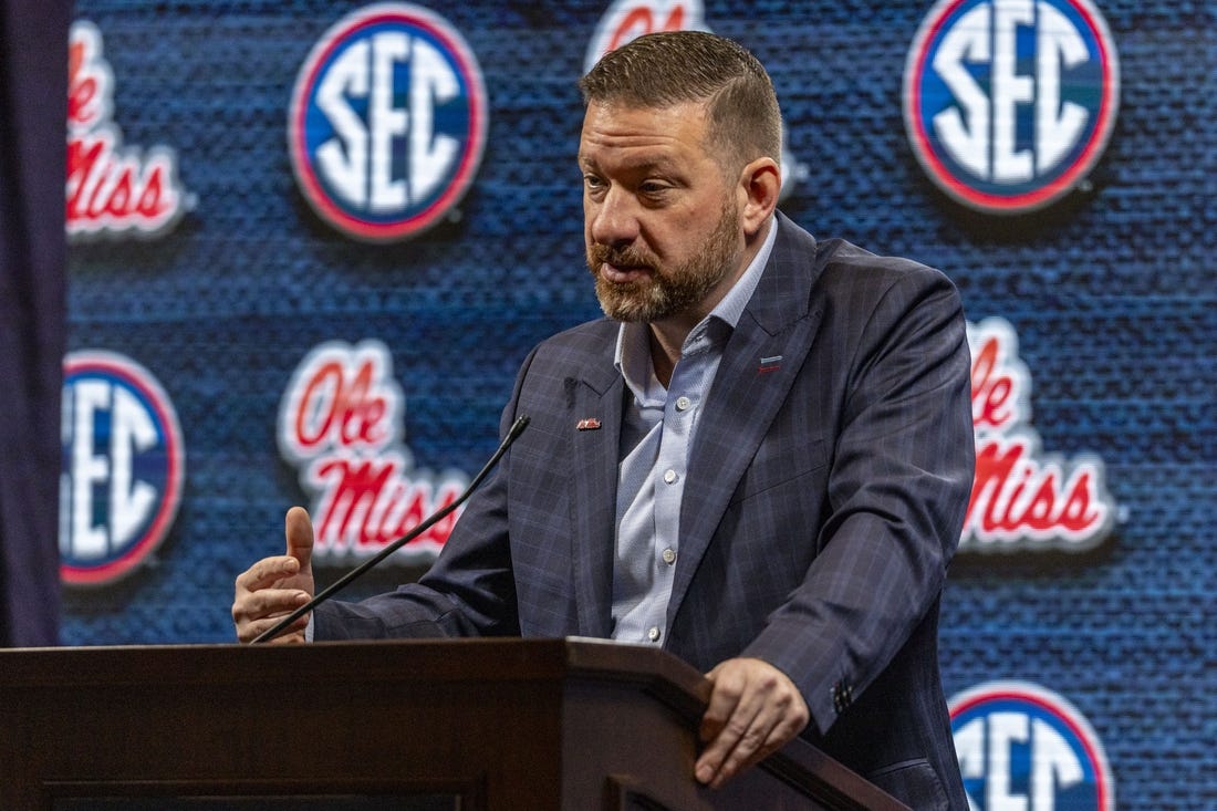 Oct 18, 2023; Brimingham, AL, USA; Mississippi Rebels head coach Chris Beard talks with the media during the SEC Basketball Tipoff at Grand Bohemian Hotel Mountain Brook. Mandatory Credit: Vasha Hunt-USA TODAY Sports