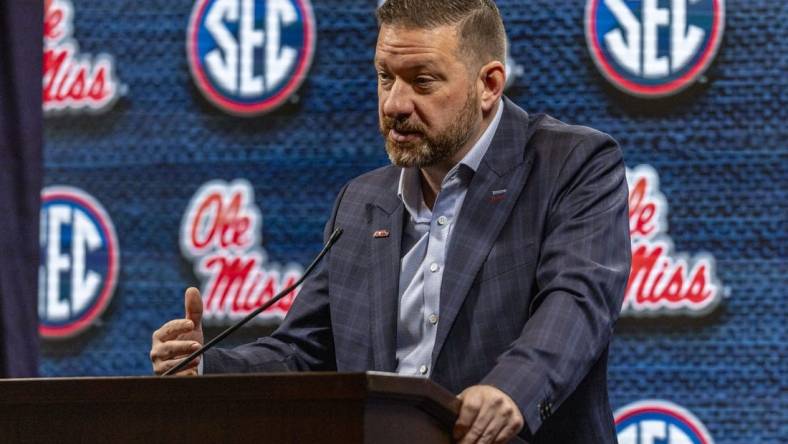 Oct 18, 2023; Brimingham, AL, USA; Mississippi Rebels head coach Chris Beard talks with the media during the SEC Basketball Tipoff at Grand Bohemian Hotel Mountain Brook. Mandatory Credit: Vasha Hunt-USA TODAY Sports