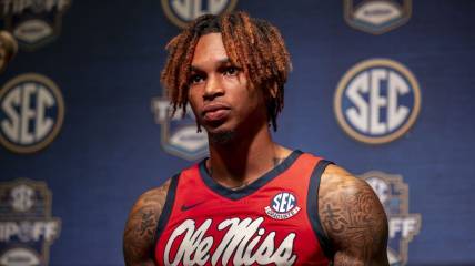 Oct 18, 2023; Brimingham, AL, USA; Mississippi Rebels guard Allen Flanigan talks with the media during the SEC Basketball Tipoff at Grand Bohemian Hotel Mountain Brook. Mandatory Credit: Vasha Hunt-USA TODAY Sports