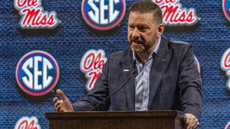 Oct 18, 2023; Brimingham, AL, USA; Mississippi Rebels head coach Chris Beard talks with the media during the SEC Basketball Tipoff at Grand Bohemian Hotel Mountain Brook. Mandatory Credit: Vasha Hunt-USA TODAY Sports