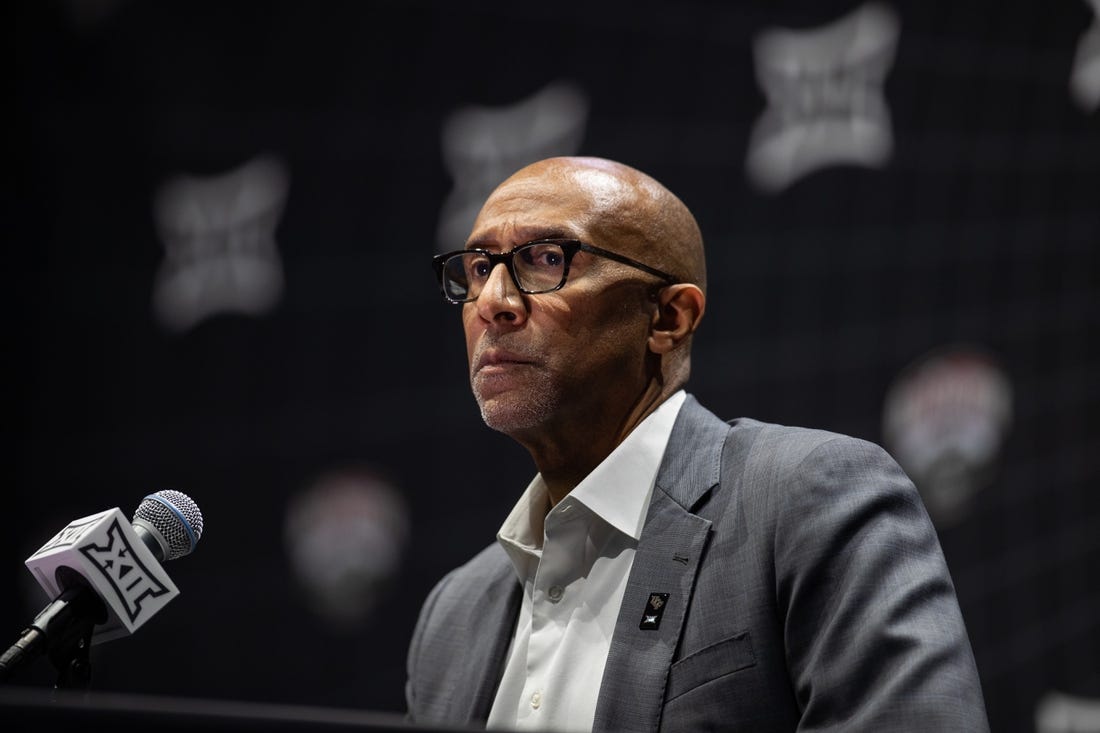 Oct 18, Kansas City, MO, USA; University of Central Florida head coach Johnny Dawkins answers questions at the Big 12 Men s Basketball Tipoff at T-Mobile Center. Mandatory Credit: Kylie Graham-USA TODAY Sports