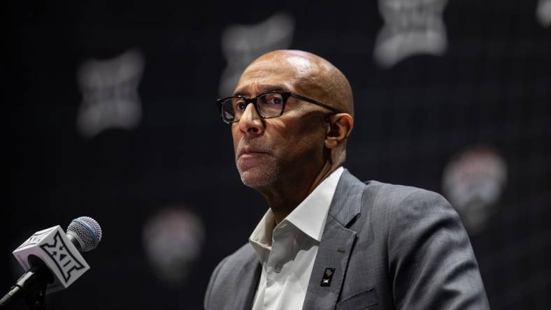 Oct 18, Kansas City, MO, USA; University of Central Florida head coach Johnny Dawkins answers questions at the Big 12 Men s Basketball Tipoff at T-Mobile Center. Mandatory Credit: Kylie Graham-USA TODAY Sports