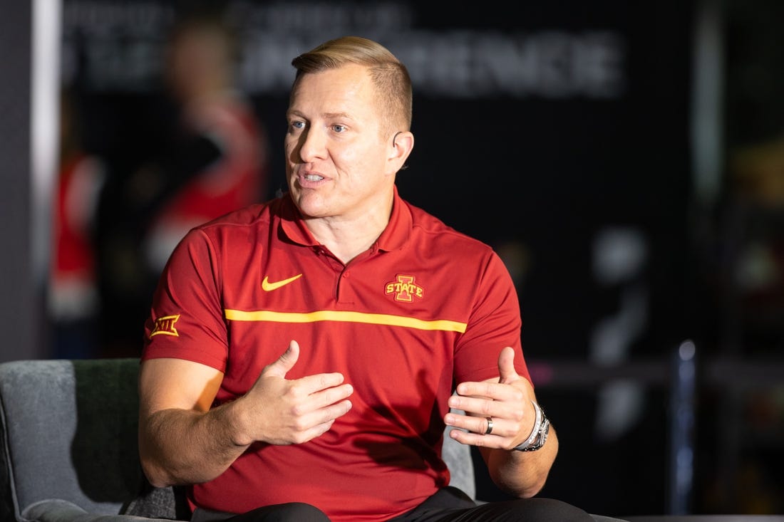 Oct 18, Kansas City, MO, USA; Iowa State head coach T.J. Otzelberger speaks on Big 12 Now on ESPN at the Big 12 Men s Basketball Tipoff at T-Mobile Center. Mandatory Credit: Kylie Graham-USA TODAY Sports