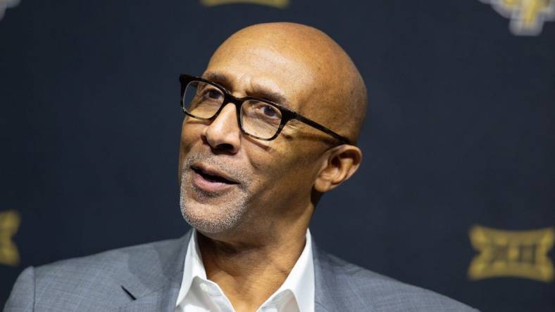 Oct 18, Kansas City, MO, USA; University of Central Florida coach Johnny Dawkins answers questions at Big 12 Men s Basketball Tipoff at T-Mobile Center. Mandatory Credit: Kylie Graham-USA TODAY Sports