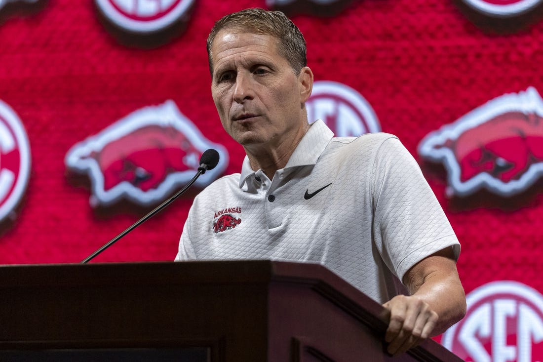 Oct 18, 2023; Brimingham, AL, USA; Arkansas Razorbacks head coach Eric Musselman talks with the media during the SEC Basketball Tipoff at Grand Bohemian Hotel Mountain Brook. Mandatory Credit: Vasha Hunt-USA TODAY Sports