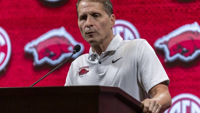 Oct 18, 2023; Brimingham, AL, USA; Arkansas Razorbacks head coach Eric Musselman talks with the media during the SEC Basketball Tipoff at Grand Bohemian Hotel Mountain Brook. Mandatory Credit: Vasha Hunt-USA TODAY Sports