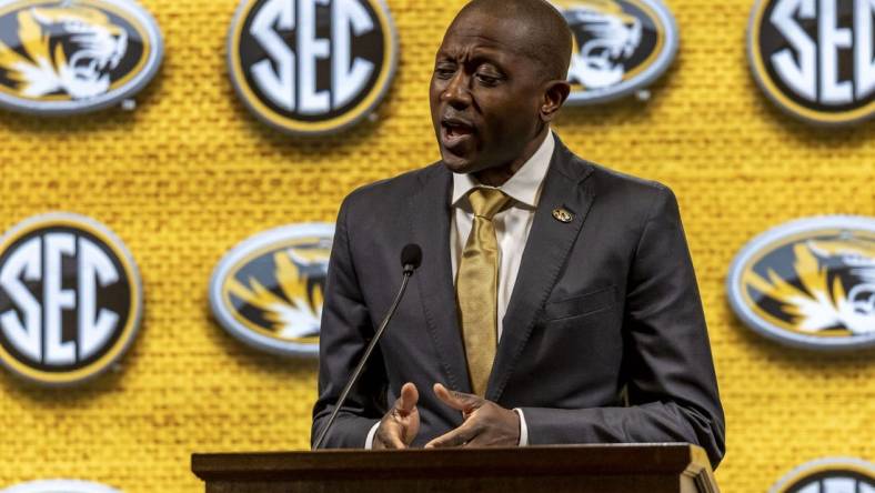 Oct 18, 2023; Brimingham, AL, USA; Missouri Tigers head coach Dennis Gates talks with the media during the SEC Basketball Tipoff at Grand Bohemian Hotel Mountain Brook. Mandatory Credit: Vasha Hunt-USA TODAY Sports