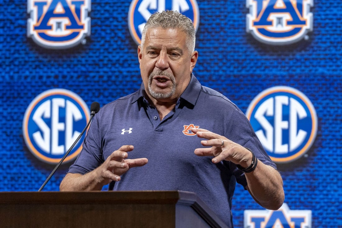 Oct 18, 2023; Birmingham, AL, USA; Auburn Tigers head coach Bruce Pearl talks with the media during the SEC Basketball Tipoff at Grand Bohemian Hotel Mountain Brook. Mandatory Credit: Vasha Hunt-USA TODAY Sports