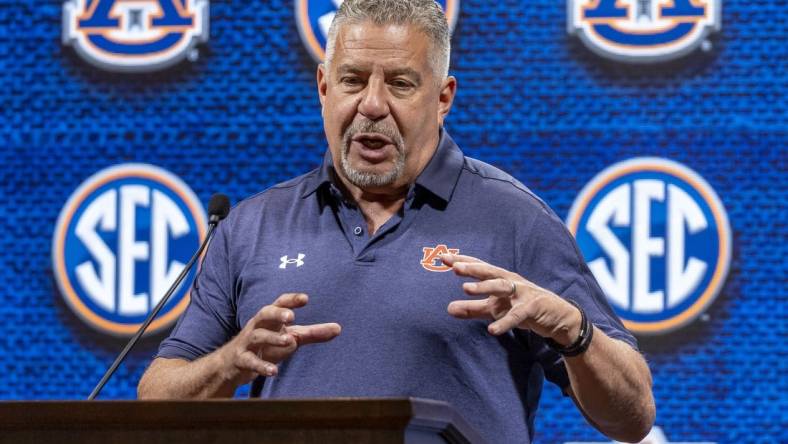 Oct 18, 2023; Birmingham, AL, USA; Auburn Tigers head coach Bruce Pearl talks with the media during the SEC Basketball Tipoff at Grand Bohemian Hotel Mountain Brook. Mandatory Credit: Vasha Hunt-USA TODAY Sports