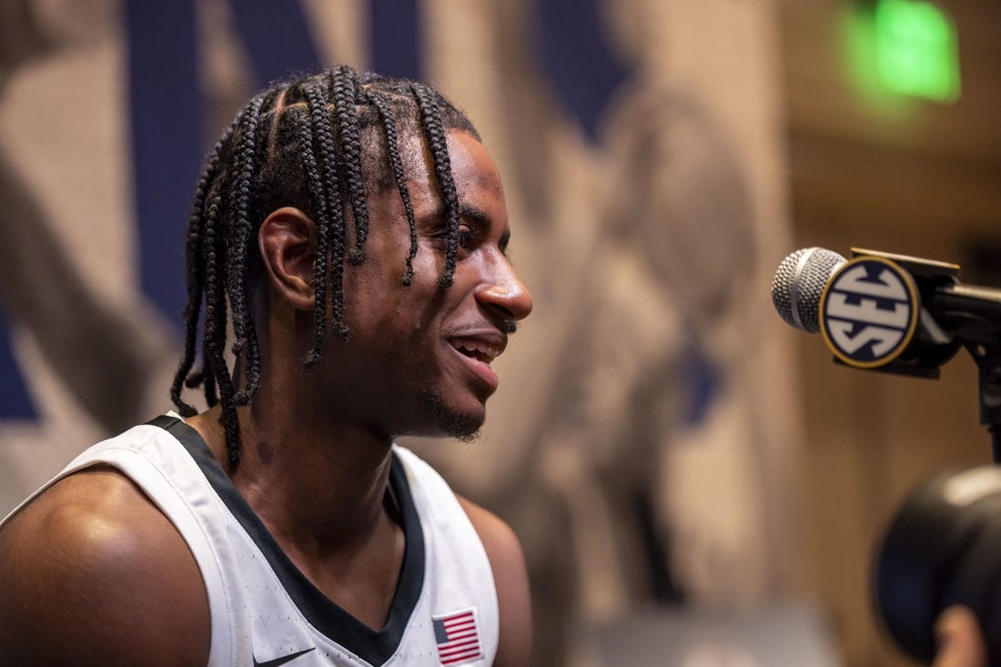 Oct 18, 2023; Birmingham, AL, USA; Vanderbilt Commodores guard Ezra Manjon talks with the media during the SEC Basketball Tipoff at Grand Bohemian Hotel Mountain Brook. Mandatory Credit: Vasha Hunt-USA TODAY Sports