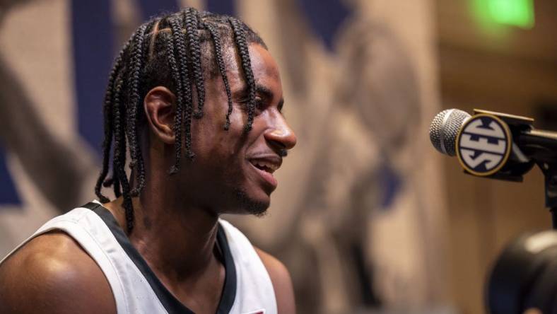 Oct 18, 2023; Birmingham, AL, USA; Vanderbilt Commodores guard Ezra Manjon talks with the media during the SEC Basketball Tipoff at Grand Bohemian Hotel Mountain Brook. Mandatory Credit: Vasha Hunt-USA TODAY Sports