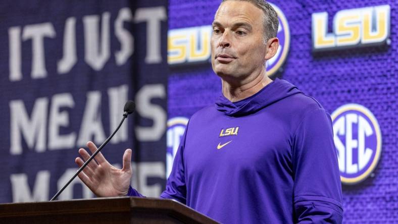 Oct 18, 2023; Birmingham, AL, USA; LSU Tigers head coach Matt McMahon talks with the media during the SEC Basketball Tipoff at Grand Bohemian Hotel Mountain Brook. Mandatory Credit: Vasha Hunt-USA TODAY Sports