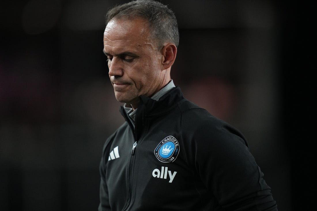 Oct 18, 2023; Fort Lauderdale, Florida, USA; Charlotte FC head coach Christian Lattanzio reacts during the second half at DRV PNK Stadium. Mandatory Credit: Jim Rassol-USA TODAY Sports