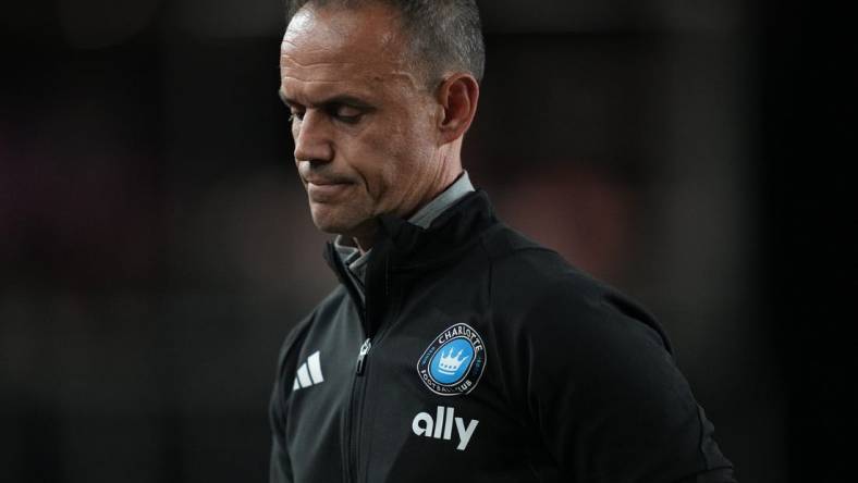 Oct 18, 2023; Fort Lauderdale, Florida, USA; Charlotte FC head coach Christian Lattanzio reacts during the second half at DRV PNK Stadium. Mandatory Credit: Jim Rassol-USA TODAY Sports