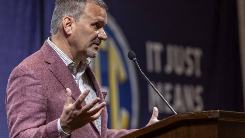 Oct 18, 2023; Birmingham, AL, USA; Mississippi State Bulldogs head coach Chris Jans talks with the media during the SEC Basketball Tipoff at Grand Bohemian Hotel Mountain Brook. Mandatory Credit: Vasha Hunt-USA TODAY Sports