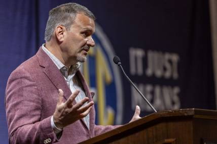 Oct 18, 2023; Birmingham, AL, USA; Mississippi State Bulldogs head coach Chris Jans talks with the media during the SEC Basketball Tipoff at Grand Bohemian Hotel Mountain Brook. Mandatory Credit: Vasha Hunt-USA TODAY Sports