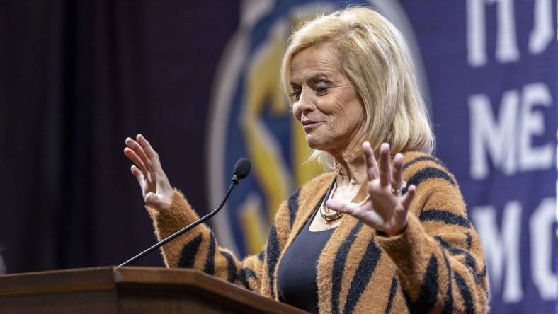 Oct 19, 2023; Birmingham, AL, USA; LSU Tigers head coach Kim Mulkey talks with the media during the SEC Basketball Tipoff at Grand Bohemian Hotel Mountain Brook. Mandatory Credit: Vasha Hunt-USA TODAY Sports