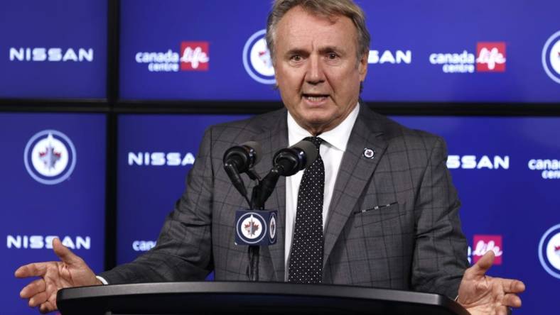 Oct 19, 2023; Winnipeg, Manitoba, CAN; Winnipeg Jets head coach Rick Bowness talks to the media after a game against the Vegas Golden Knights at Canada Life Centre. Mandatory Credit: James Carey Lauder-USA TODAY Sports