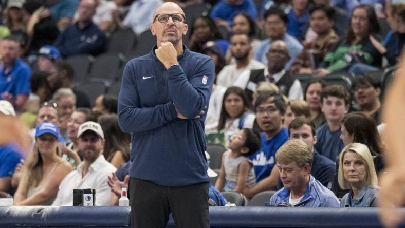 Oct 20, 2023; Dallas, Texas, USA; Dallas Mavericks head coach Jason Kidd watches the game against the Detroit Pistons during the second half at the American Airlines Center. Mandatory Credit: Jerome Miron-USA TODAY Sports