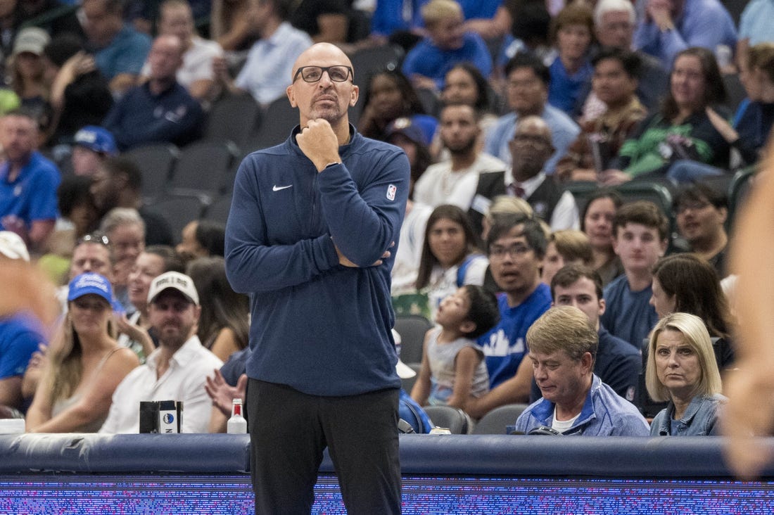 Oct 20, 2023; Dallas, Texas, USA; Dallas Mavericks head coach Jason Kidd watches the game against the Detroit Pistons during the second half at the American Airlines Center. Mandatory Credit: Jerome Miron-USA TODAY Sports