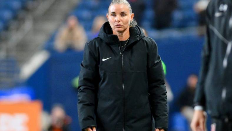 Oct 20, 2023; Seattle, Washington, USA; Angel City FC interim head coach Becki Tweed looks on against OL Reign during the second half at Lumen Field. Mandatory Credit: Steven Bisig-USA TODAY Sports