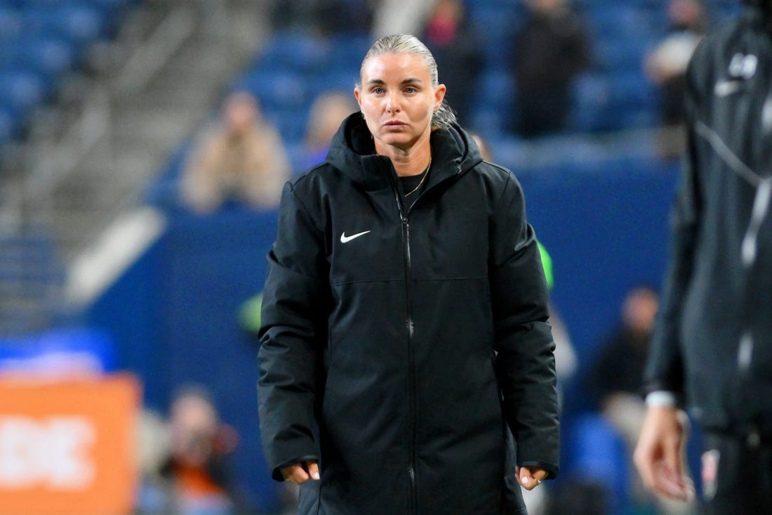 Oct 20, 2023; Seattle, Washington, USA; Angel City FC interim head coach Becki Tweed looks on against OL Reign during the second half at Lumen Field. Mandatory Credit: Steven Bisig-USA TODAY Sports