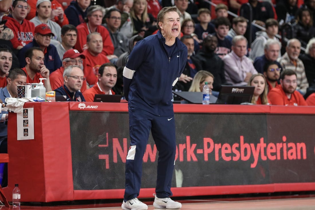 Oct 21, 2023; Queens, NY, USA; St. John's head coach Rick Pitino yells out instructions in the first half against the Rutgers Scarlet Knights at Carnesecca Arena. Mandatory Credit: Wendell Cruz-USA TODAY Sports