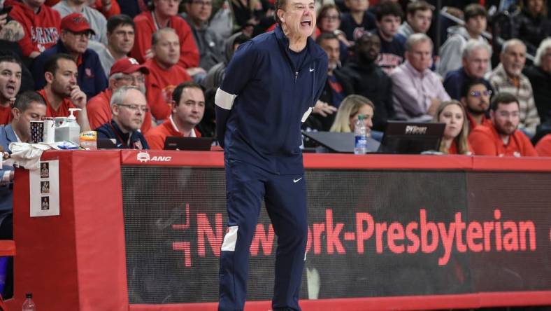 Oct 21, 2023; Queens, NY, USA; St. John's head coach Rick Pitino yells out instructions in the first half against the Rutgers Scarlet Knights at Carnesecca Arena. Mandatory Credit: Wendell Cruz-USA TODAY Sports