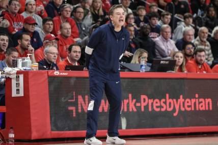 Oct 21, 2023; Queens, NY, USA; St. John's head coach Rick Pitino yells out instructions in the first half against the Rutgers Scarlet Knights at Carnesecca Arena. Mandatory Credit: Wendell Cruz-USA TODAY Sports