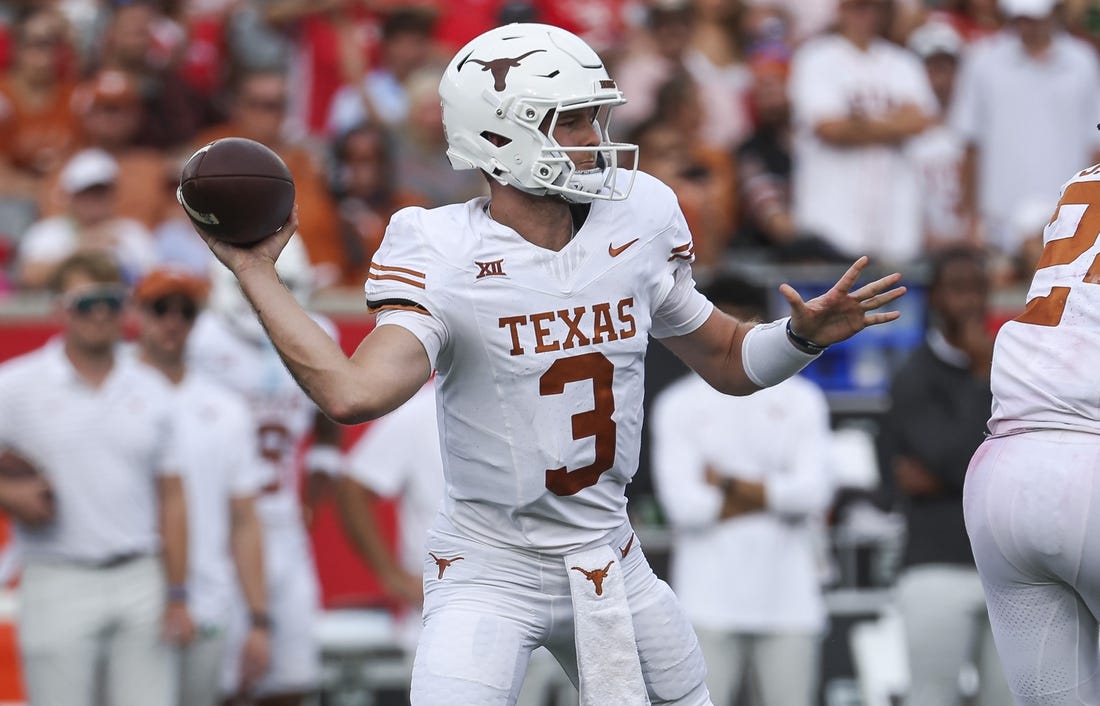 Oct 21, 2023; Houston, Texas, USA;  Texas Longhorns quarterback Quinn Ewers (3) attempts a pass during the third quarter against the Houston Cougars at TDECU Stadium. Mandatory Credit: Troy Taormina-USA TODAY Sports