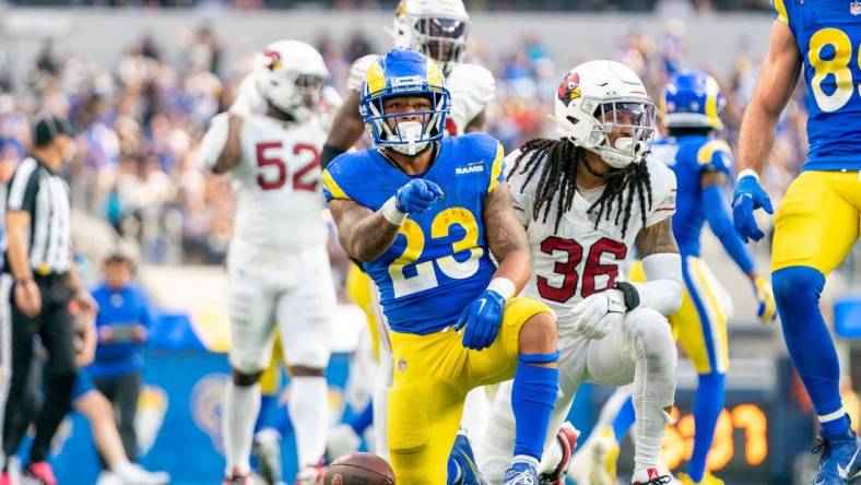 October 15, 2023; Inglewood, California, USA; Los Angeles Rams running back Kyren Williams (23) celebrates a first down during the third quarter against the Arizona Cardinals at SoFi Stadium. Mandatory Credit: Kyle Terada-USA TODAY Sports