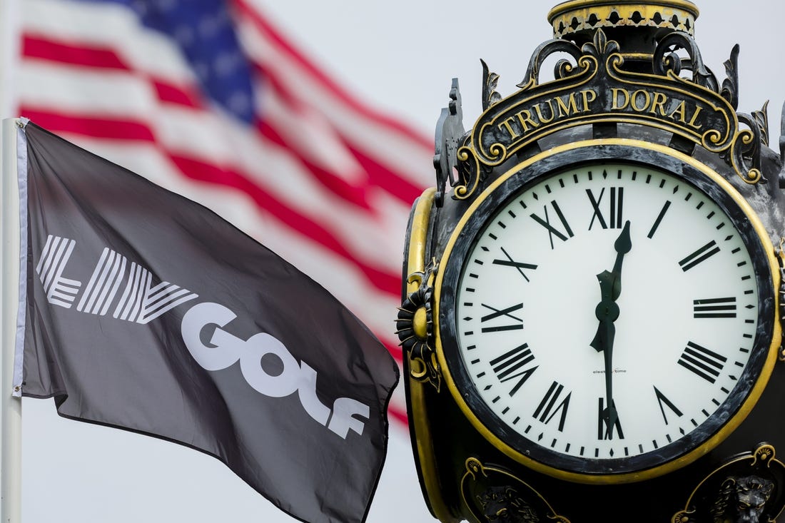 Oct 22, 2023; Doral, Florida, USA; An LIV Golf flag waves during the final round of the LIV Golf Miami golf tournament at Trump National Doral. Mandatory Credit: Sam Navarro-USA TODAY Sports