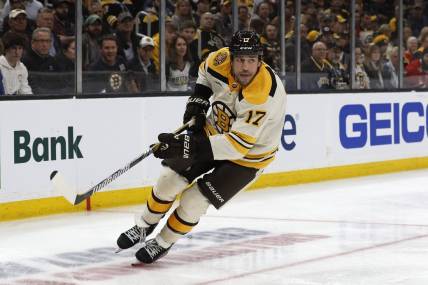 Oct 11, 2023; Boston, Massachusetts, USA; Boston Bruins left wing Milan Lucic (17) against the Chicago Blackhawks during the second period at TD Garden. Mandatory Credit: Winslow Townson-USA TODAY Sports
