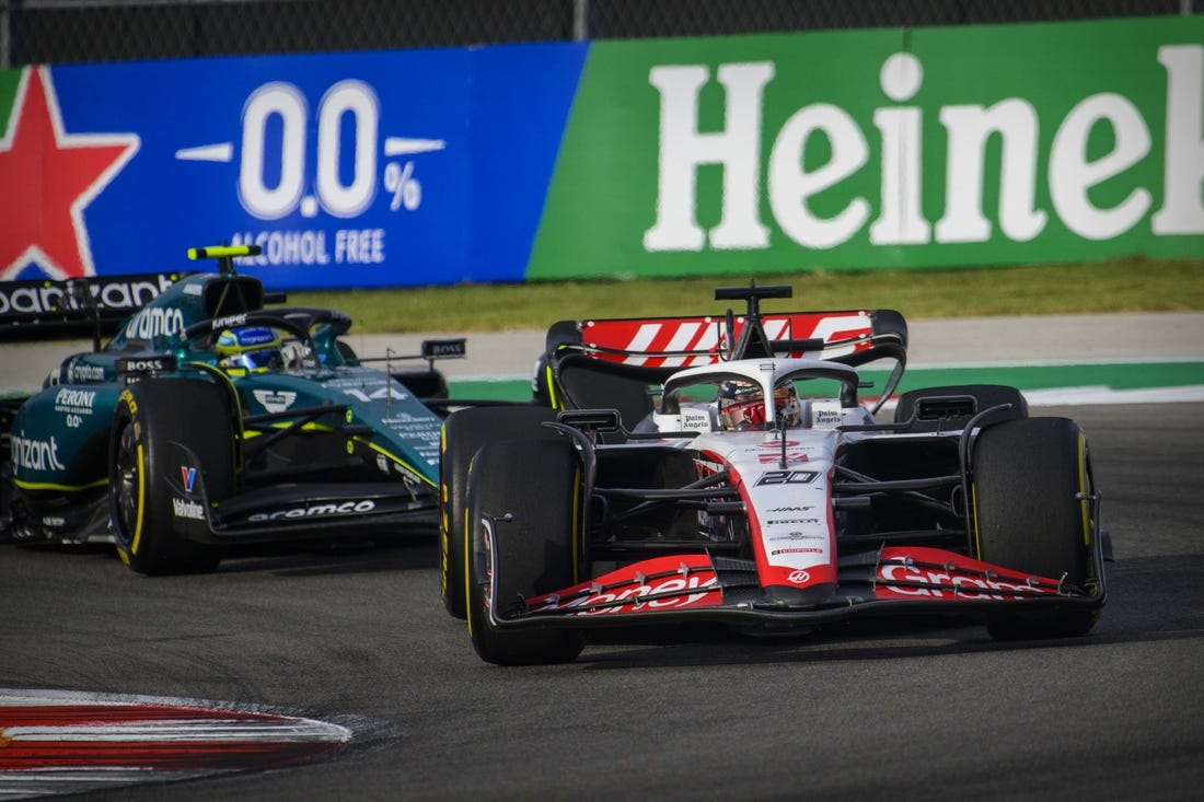 Oct 21, 2023; Austin, Texas, USA; Moneygram Haas F1 driver Kevin Magnussen (20) of Team Denmark drives during the Sprint Race of the 2023 United States Grand Prix at Circuit of the Americas. Mandatory Credit: Jerome Miron-USA TODAY Sports