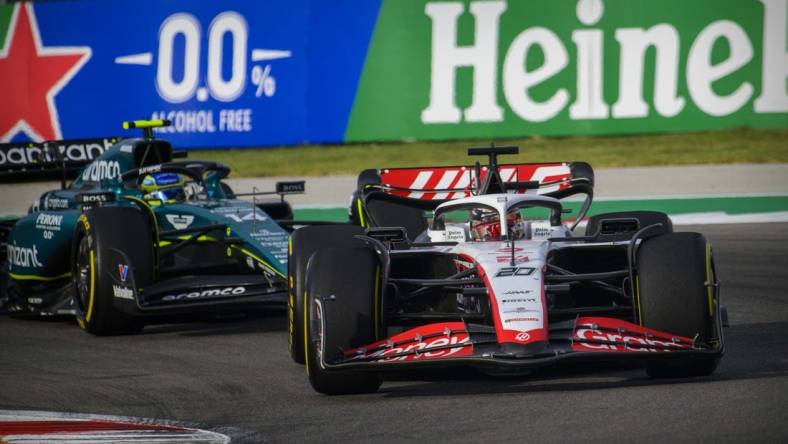 Oct 21, 2023; Austin, Texas, USA; Moneygram Haas F1 driver Kevin Magnussen (20) of Team Denmark drives during the Sprint Race of the 2023 United States Grand Prix at Circuit of the Americas. Mandatory Credit: Jerome Miron-USA TODAY Sports