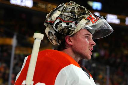 Oct 24, 2023; Las Vegas, Nevada, USA; Philadelphia Flyers goaltender Carter Hart (79) awaits a face off against the Vegas Golden Knights during the second period at T-Mobile Arena. Mandatory Credit: Stephen R. Sylvanie-USA TODAY Sports