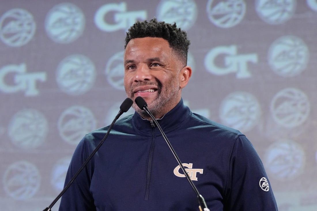 Oct 25, 2023; Charlotte, NC, USA; Georgia Tech coach Damon Stoudamire speaks to the media during the ACC Tipoff at Hilton Charlotte Uptown. Mandatory Credit: Jim Dedmon-USA TODAY Sports