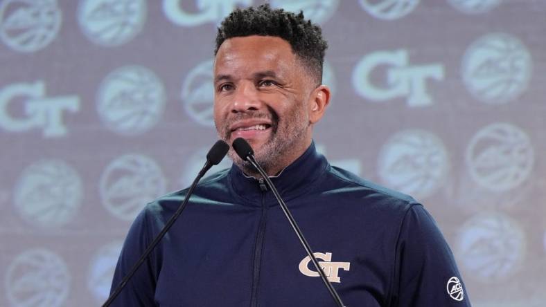 Oct 25, 2023; Charlotte, NC, USA; Georgia Tech coach Damon Stoudamire speaks to the media during the ACC Tipoff at Hilton Charlotte Uptown. Mandatory Credit: Jim Dedmon-USA TODAY Sports